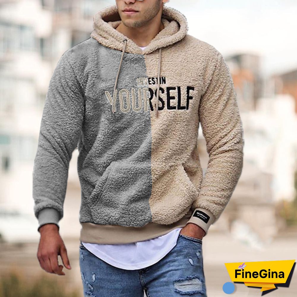 New Men's Stitching Contrast Pattern Embroidery Hooded Sweater