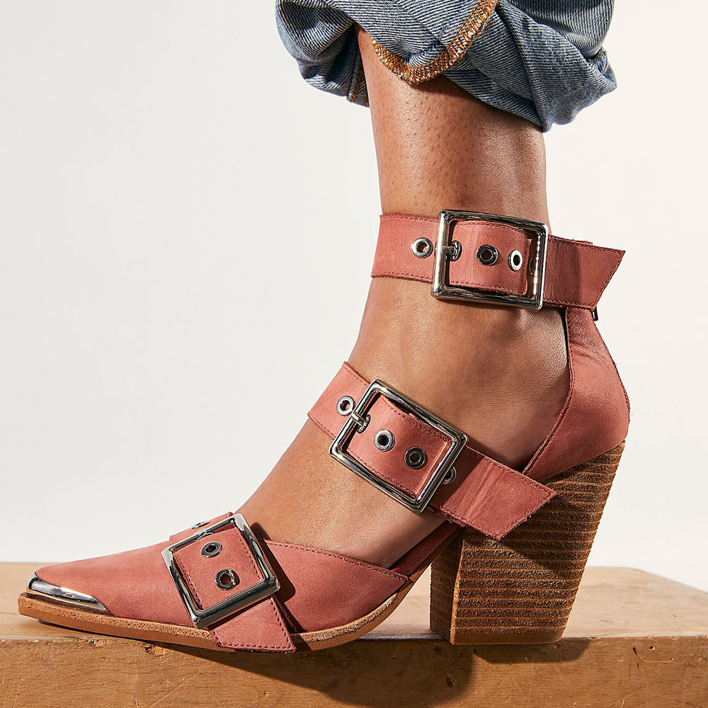 Pink Faux Suede Pointed Toe Block Heel Buckled Strappy Pumps Nicepairs