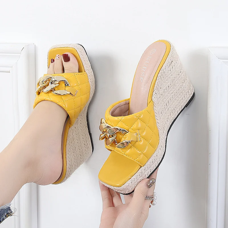 Wongn Wongn Summer Wedge Sandals Thick Square Toe Flip-Toe Female Metal Chain Straw Hemp Rope Bottom