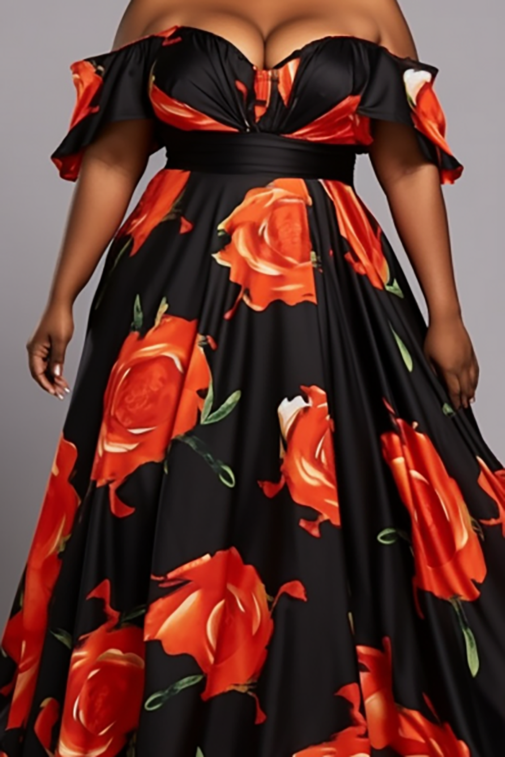 Design Plus Size Daily Red Floral Off The Shoulder Knitted Maxi Dresses [Pre-Order]
