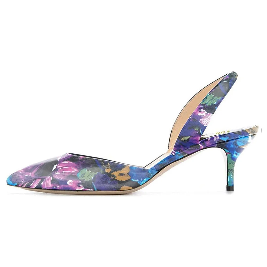 Pointed Toe Enchanting Floral Printed Kitten Heel Slingback Pumps