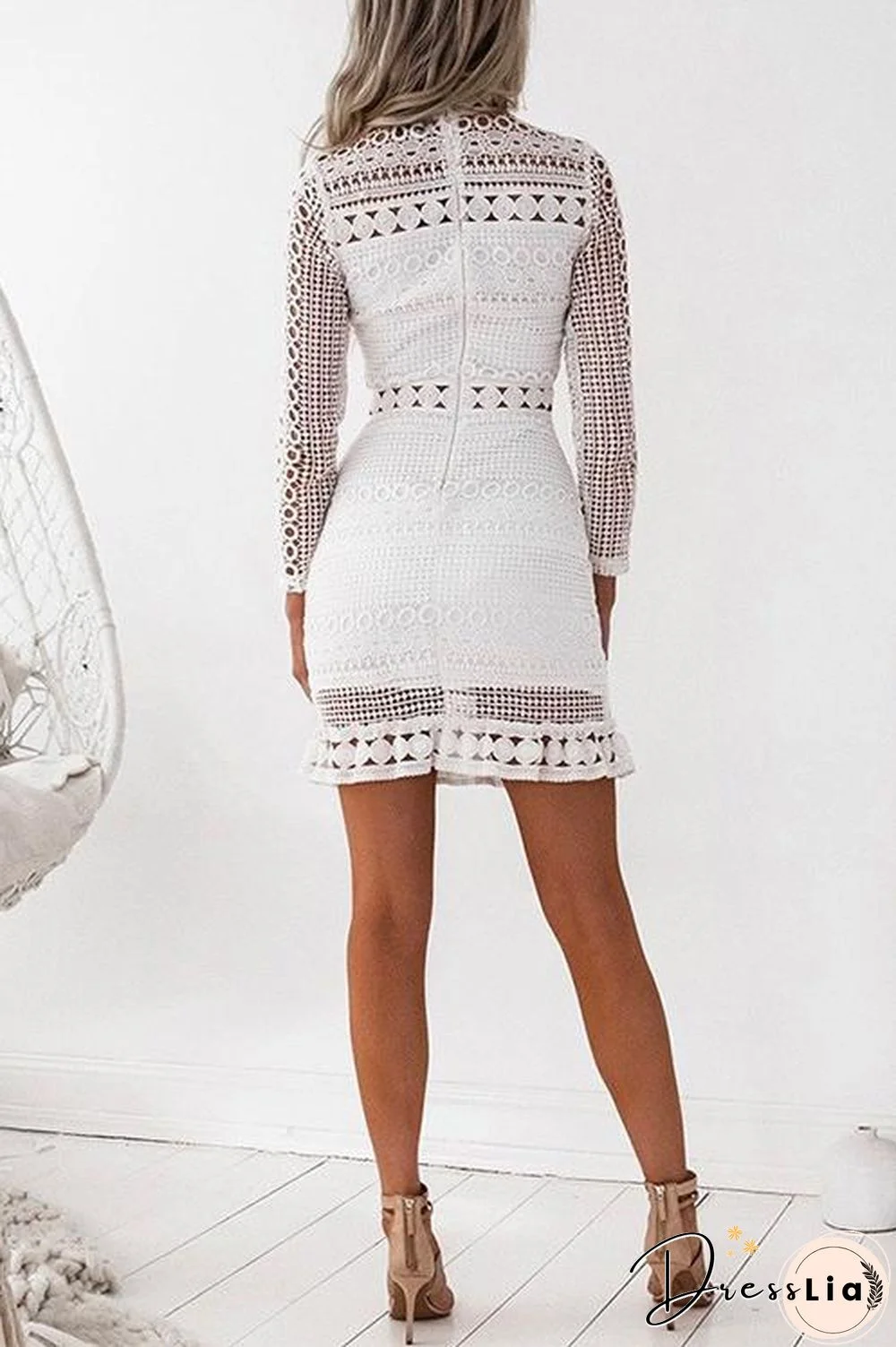 Back Zipper Lace Splice Hollow Out Mini Dress