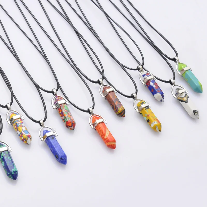 Chakra Natural Stone Pendant Necklace Crystal Aura Charm Rope Leather Chain Necklace