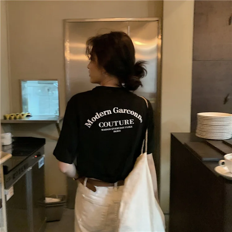 Brownm Brownm Schoolgirl Short-Sleeved Jacket Summer 2024 New Korean Edition Loose Versatile Letter Half-Sleeve T-Shirt