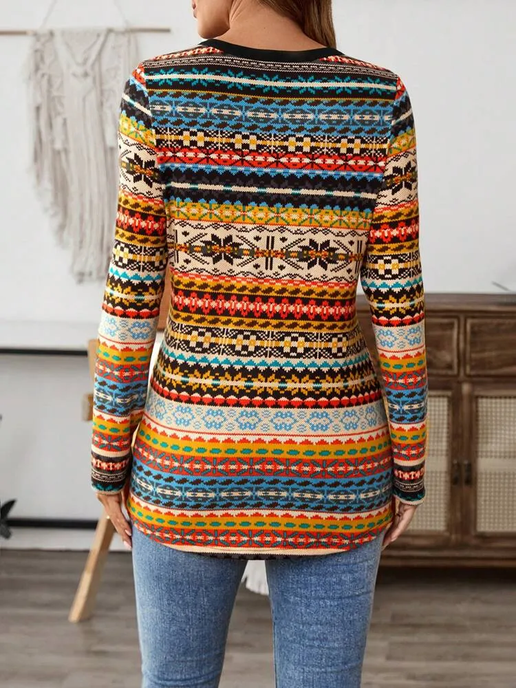 Women's Spring Summer V-Neck Long Sleeve Casual Geometric Print T-Shirt