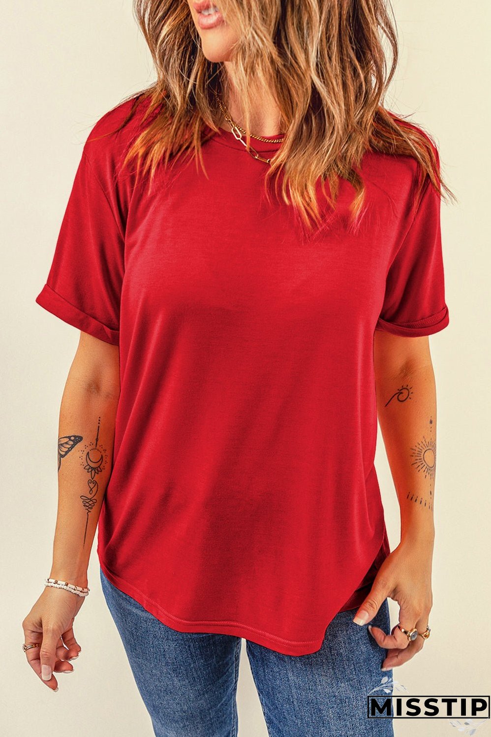 Red Casual Plain Crew Neck Tee