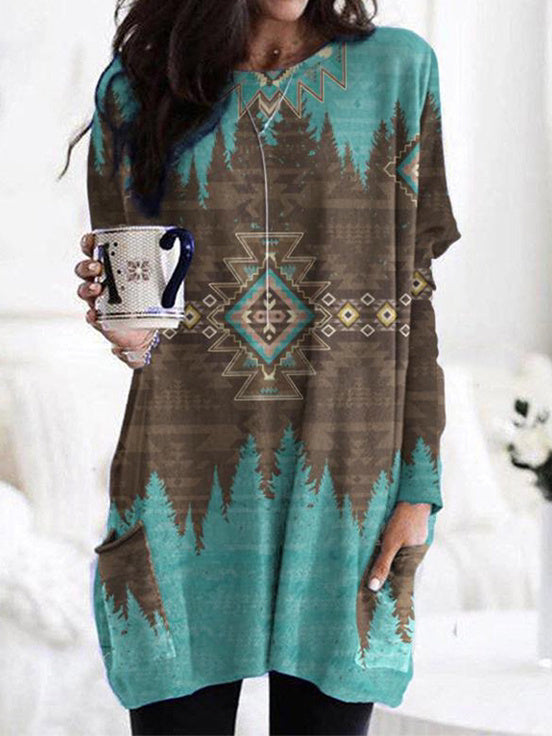 Women's Scoop Neck Long Sleeve Geometric Stitching Graphic Printed Midi Dress Tops