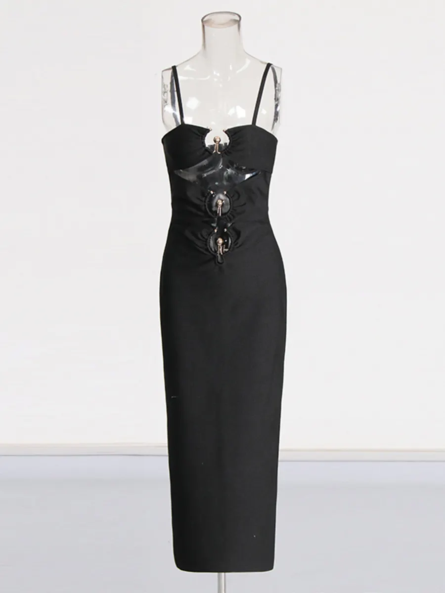 Brownm Small Metal Buckle Decoration Sexy Hollow Black Sling Dress Open Breast Design High-Leach Banded Skirt