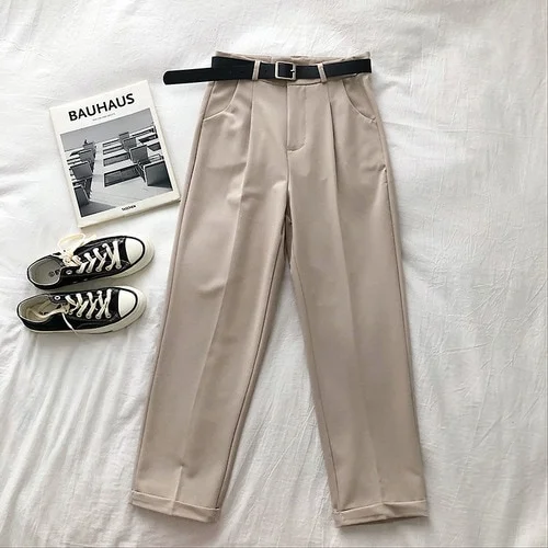 Woherb Gray Pants Woman with Belt High Waist Elegant Straight Leg Pants Office Lady Business Chic Baggy Trousers Woman Clothes