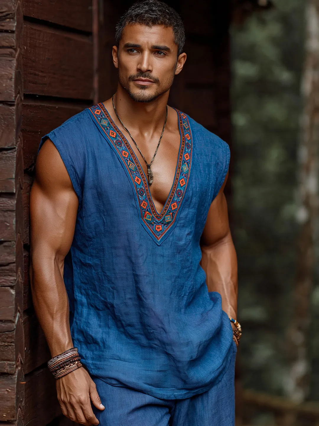 Men's Cotton Linen Sleeveless V-Neck Tunic Top With Ethnic Embroidery Design For Summer Casual Wear-INSPIREUSE