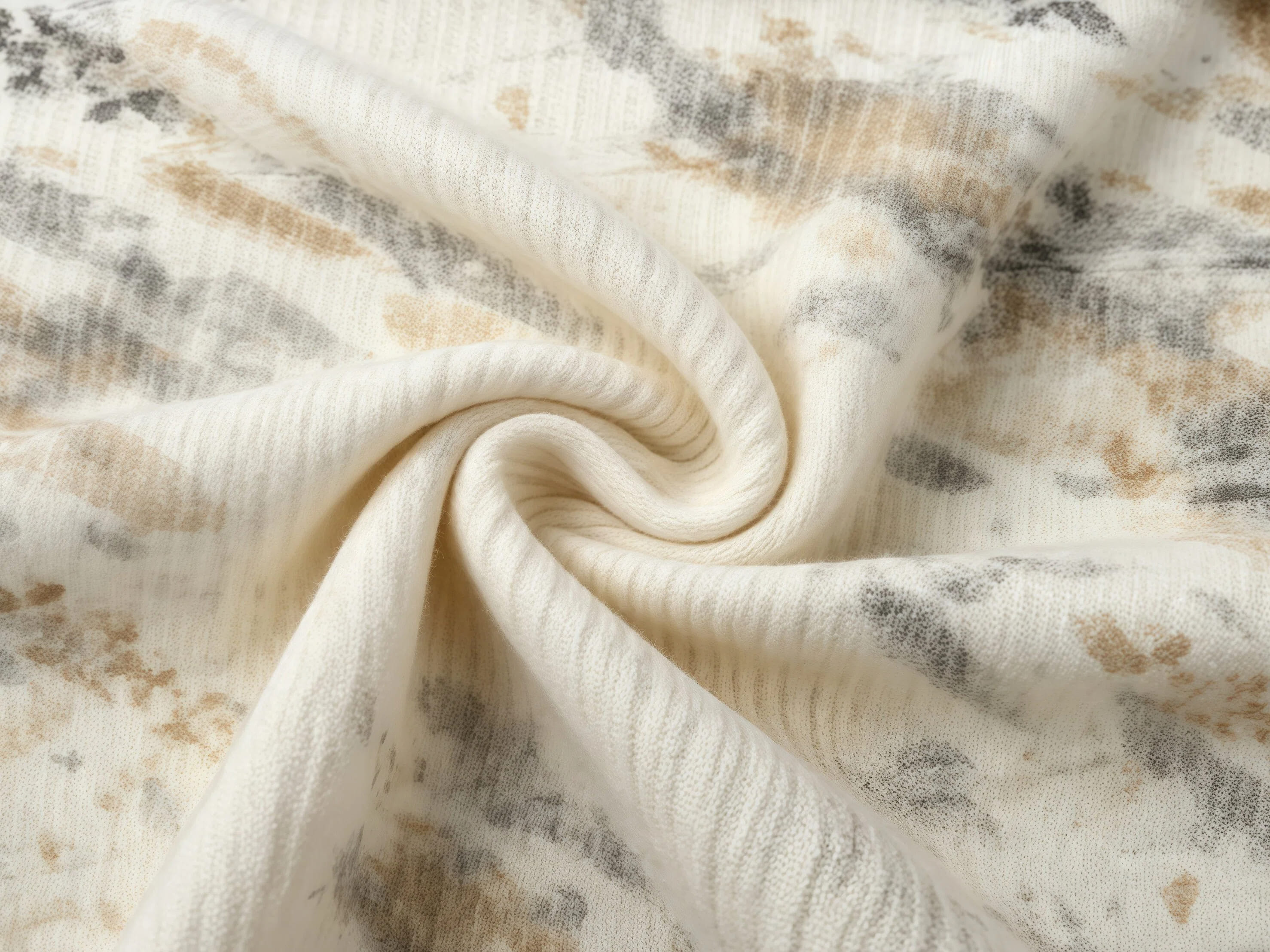 Cream White Knit Fabric with Neutral Watercolor Camo Print, Soft Stretch Material for Loungewear