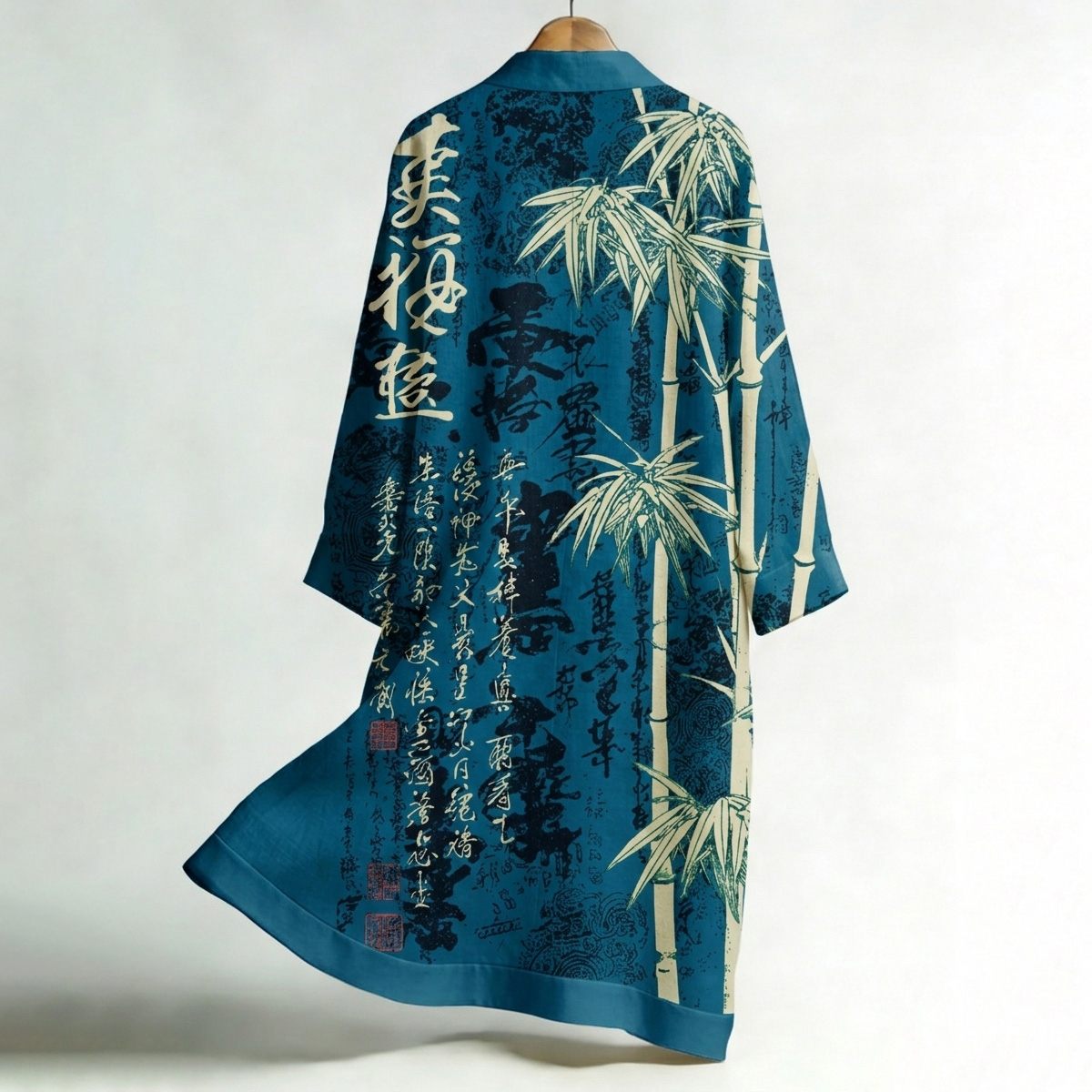 Men's Retro Bamboo And Calligraphy Print Linen Long Kimono  artssus