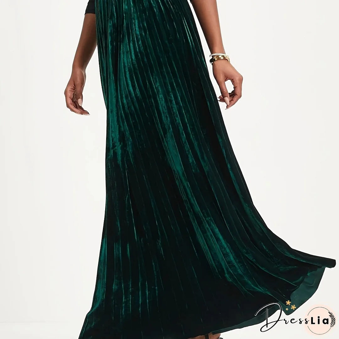 Plus Size Retro Skirt, Women's Plus Solid Velvet Elastic High Rise Maxi Pleated Skirt