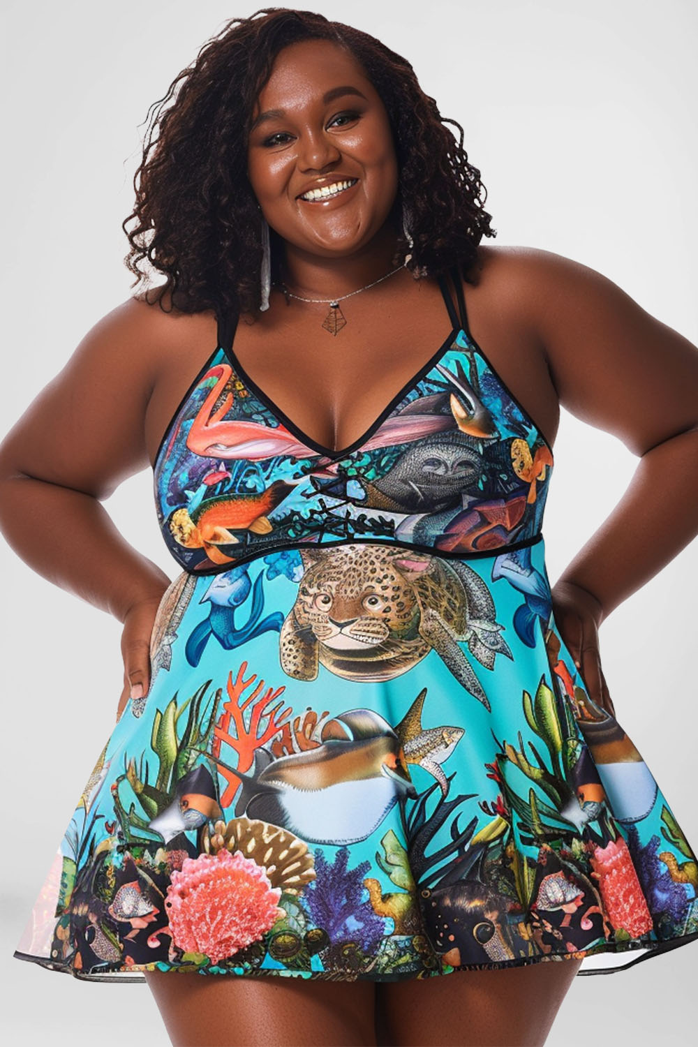 Flycurvy Plus Size Vacation Blue Marine Print V Neck Swimdress 2024 - Flycurvy 
