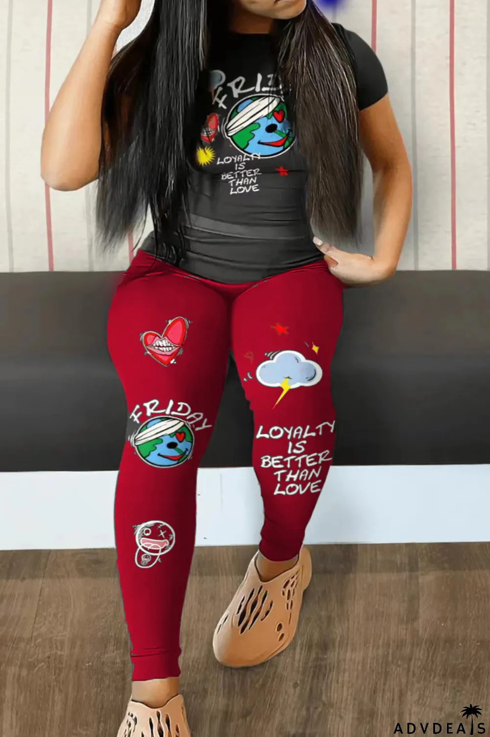 Black Red Casual Print Patchwork O Neck Plus Size Two Pieces