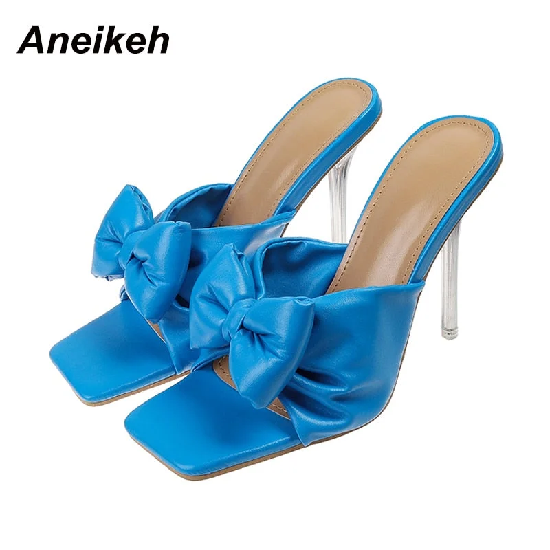 Aneikeh 2021 NEW Sexy Women Shoes Summer Butterfly-Knot Head Peep Toe Thin High Heel Sweet Fashion Solid Shallow Ladies Slippers