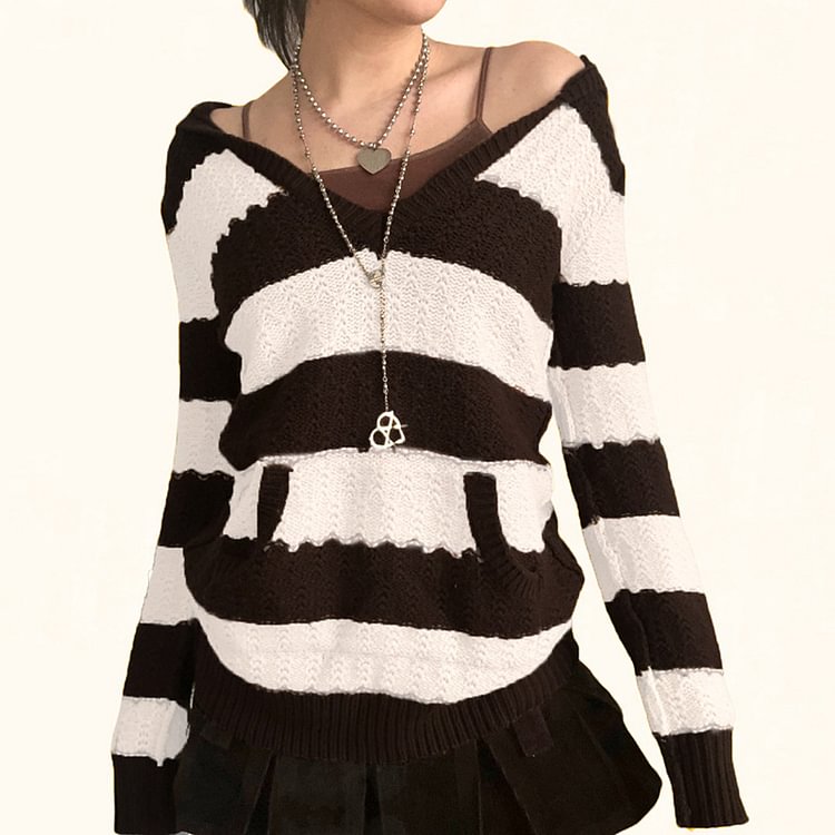 Y2K V-neck Hooded Pullover Contrast Striped Long-Sleeved Sweater-luchamp:luchamp