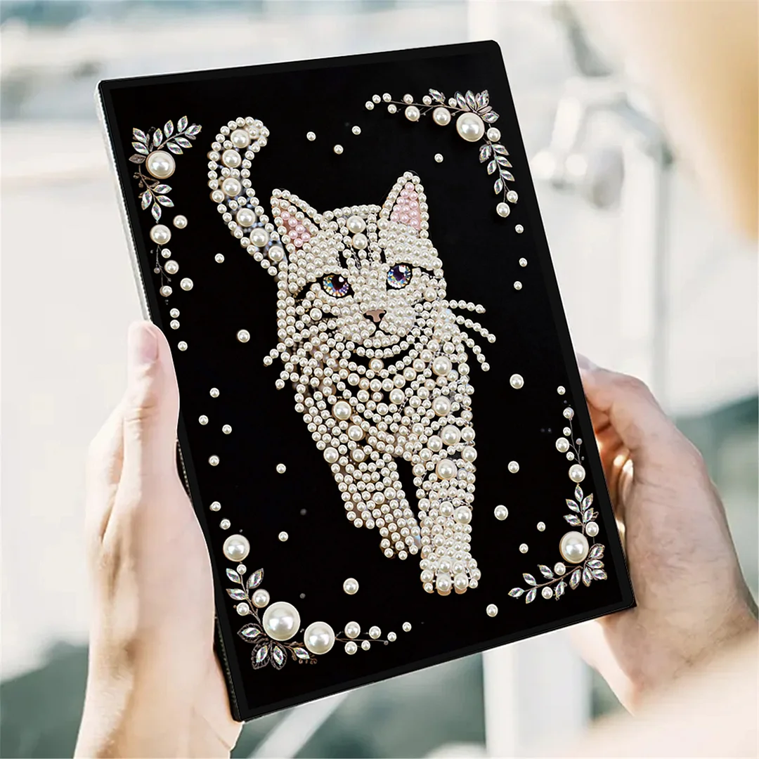 Cat Partial Pearl DIY 50 Pages A5 Diamond Painting Notebook Special Shaped Diamond Art Diary Book Kits Wireless Strip 5D Crystal Art Paintings Sketchbook for Art Drawing