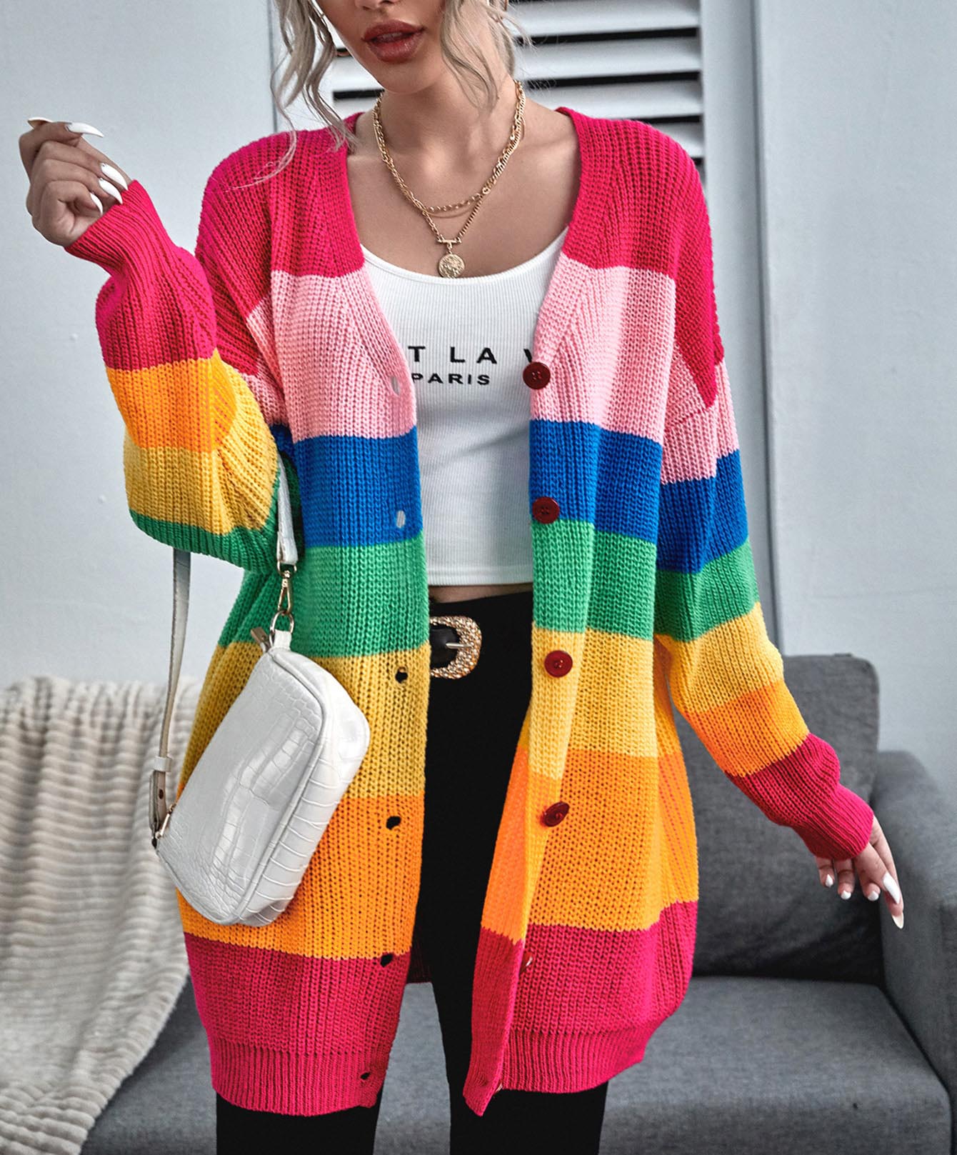  thdmladies Rainbow Color Ladies Casual Sweater Cardigan thedmladies