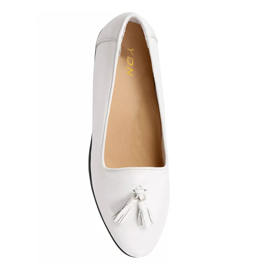 White Vegan Leather Almond Toe Tassel Accents Flat Shoes for Women