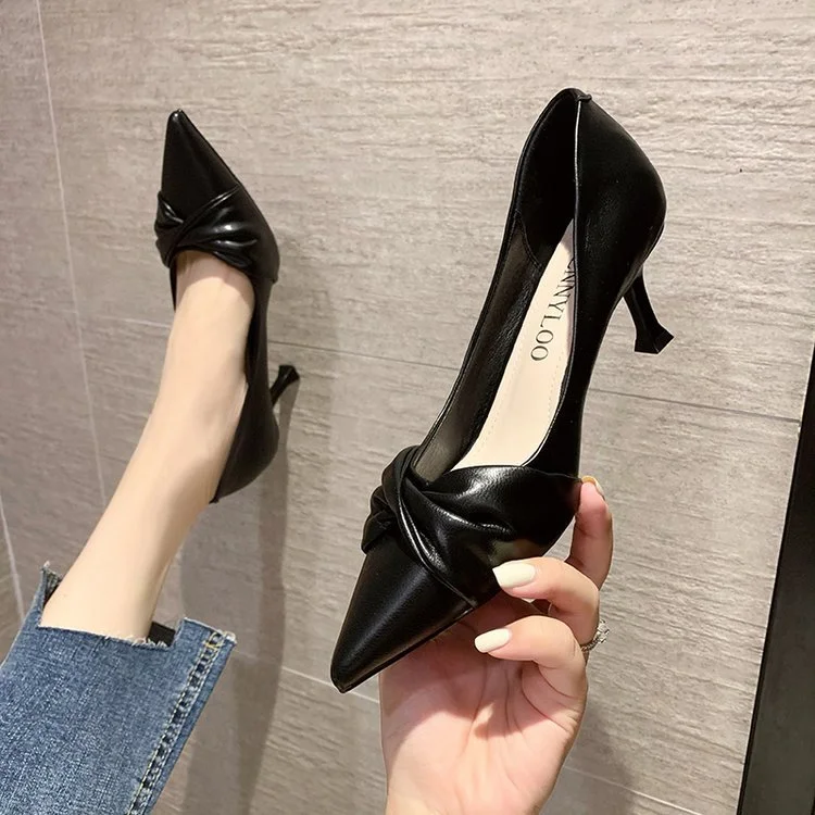 Tanguoant Tanguoant 2023 New Fashion Work Shoe Toe Fold Butterfly Bow Shallow High Heels Fine Heel Single Shoes Woman