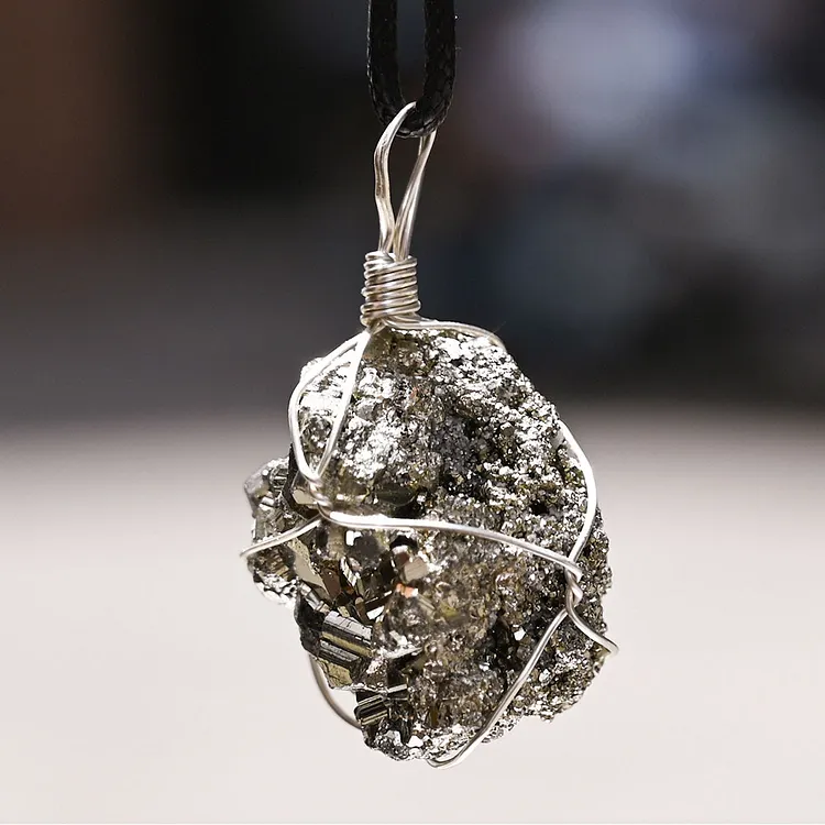 Natural Pyrite Wire-Wrapped Pendant Necklace