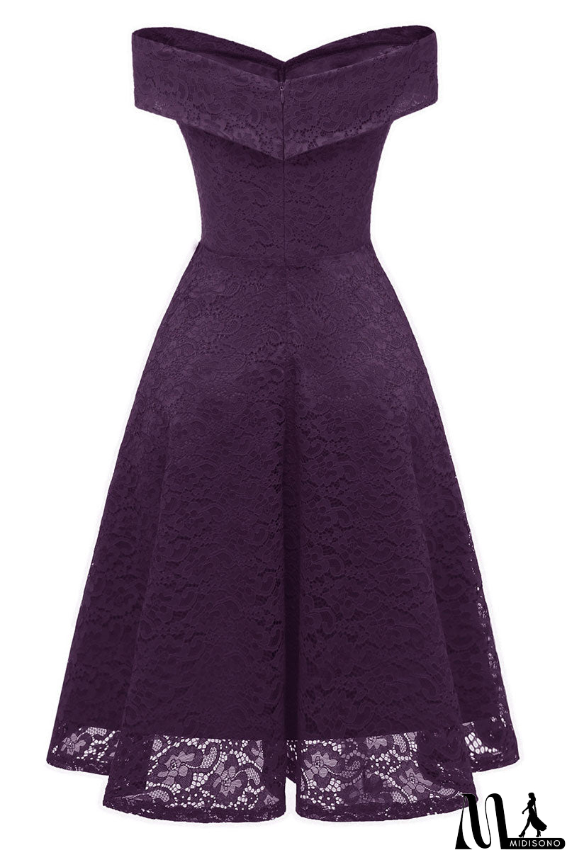 MidiSono - Purple Off-the-shoulder Lace Midi Prom Dress