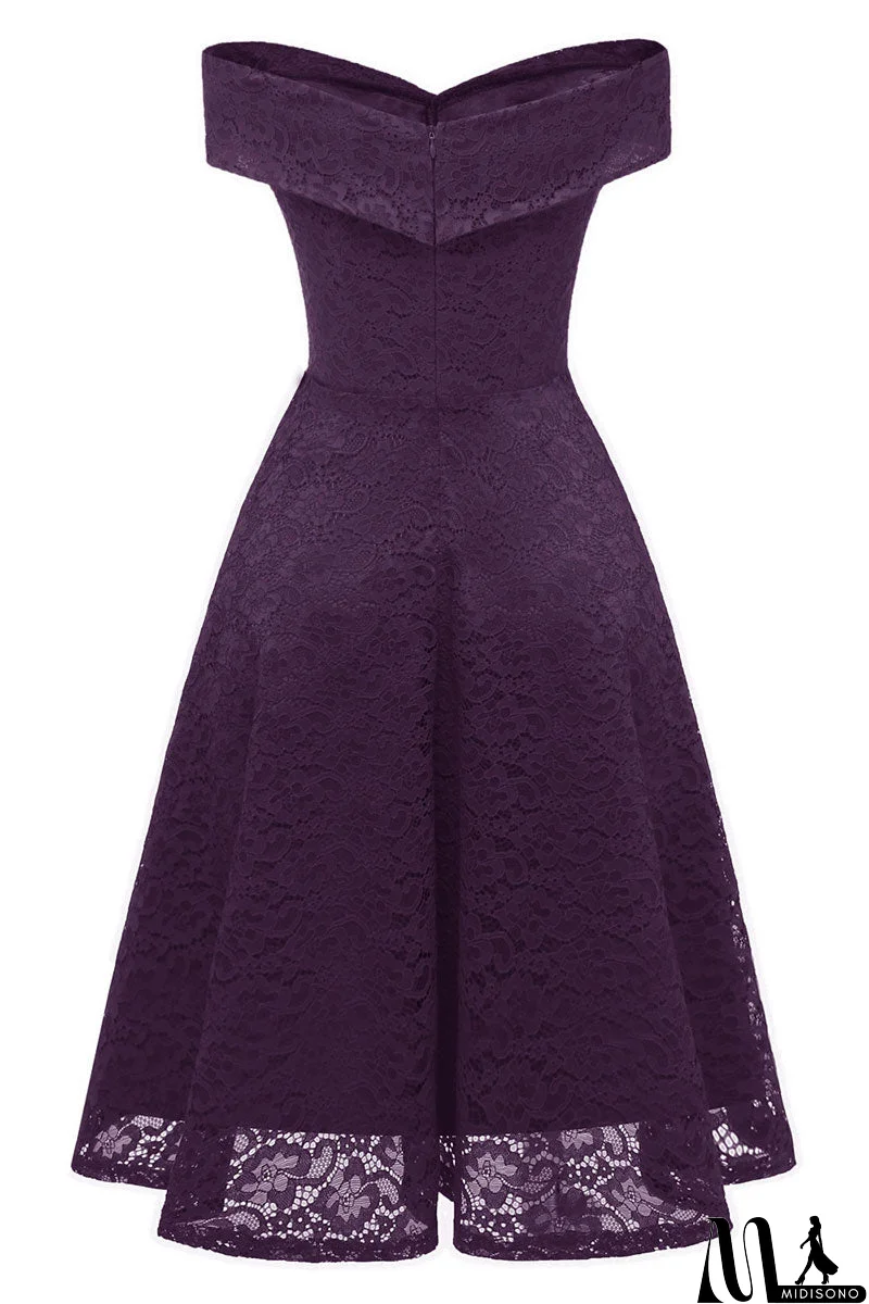 MidiSono - Purple Off-the-shoulder Lace Midi Prom Dress