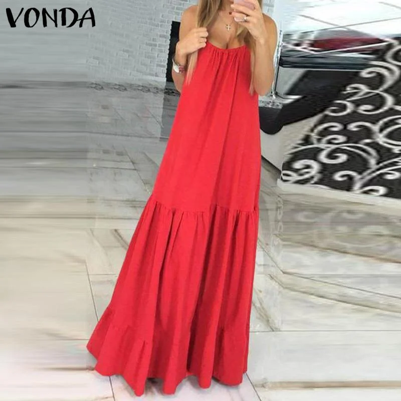 VONDA Bohemian Women Maxi Long Dress 2020 Summer Sexy Sleeveless Spaghetti Strap Ruffle Swings Dresses Holiday Plus Size Vestido