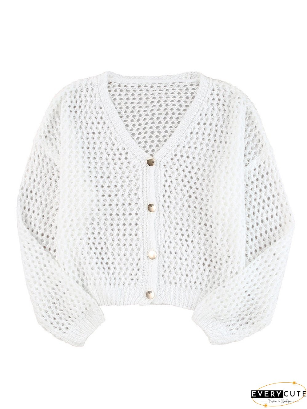 White Crochet Knit V-Neck Button-Up Cardigan