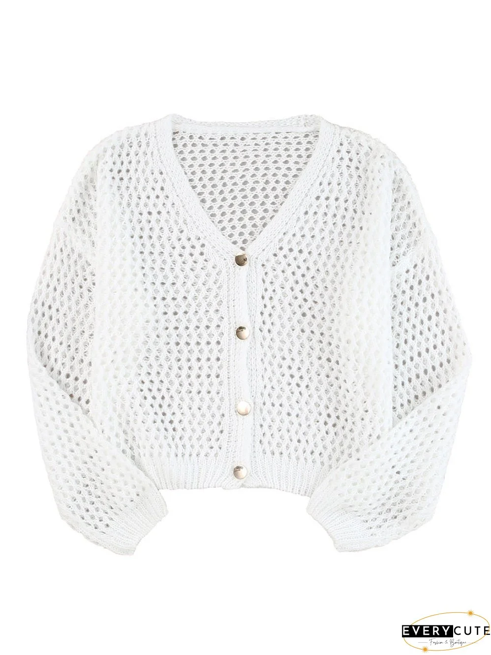 White Crochet Knit V-Neck Button-Up Cardigan