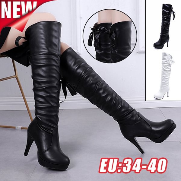 2022 Autumn Women Winter PU Leather Knee High Boots Platform Warm High Heel Shoes Women Tall Boots Black White Boots - Life is Beautiful for You - SheChoic