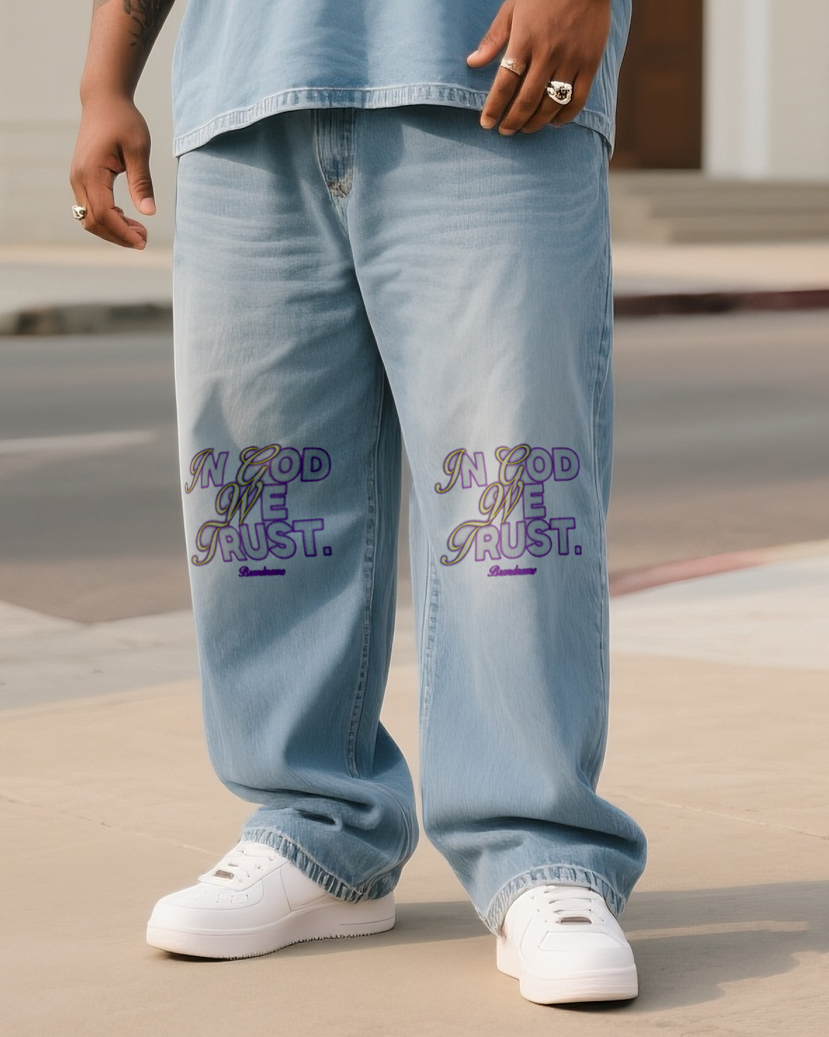 Plus Size Men's Faith Printed Denim T-Shirt Pants Suit
