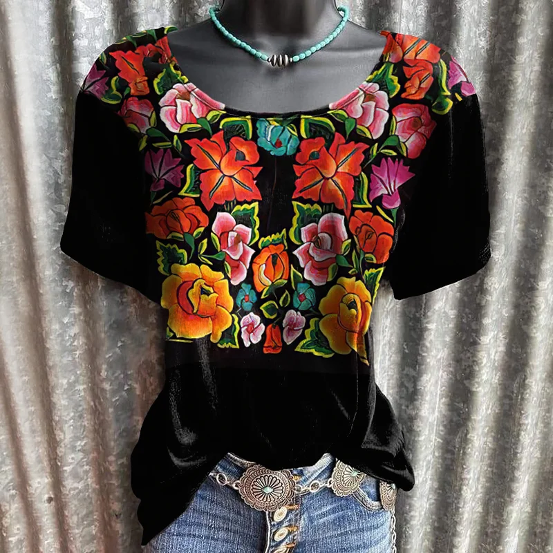 Color flower graphic women western casual tees designer