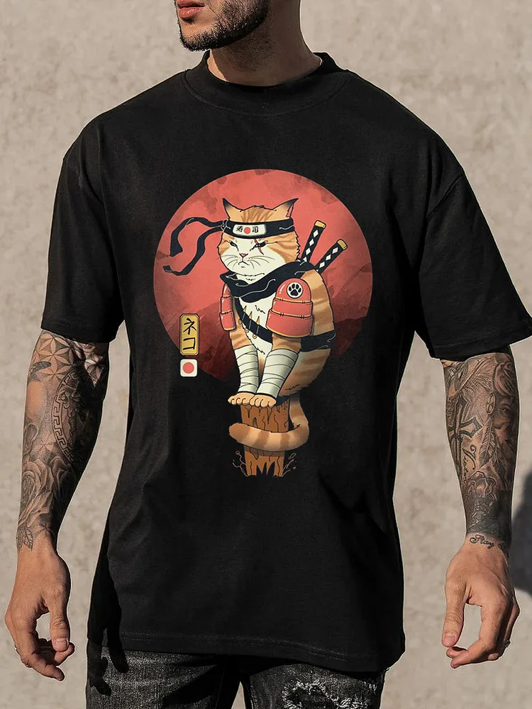 Men's Japanese Cat Print Casual T-Shirt