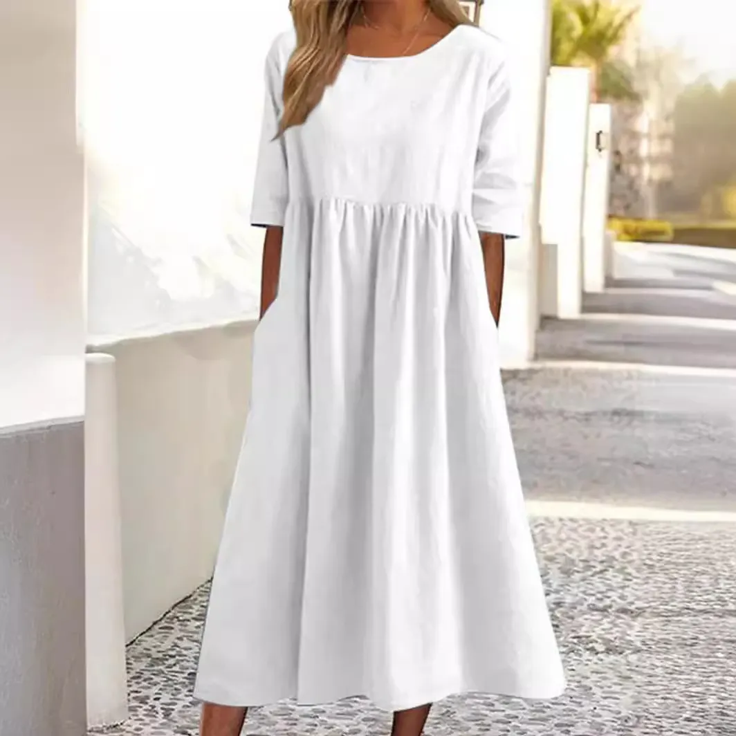 Brownm Brownm Cotton-Sleeved Short-Sleeved Pocket Folded Loose Round-Neck Dress In Summer 2025