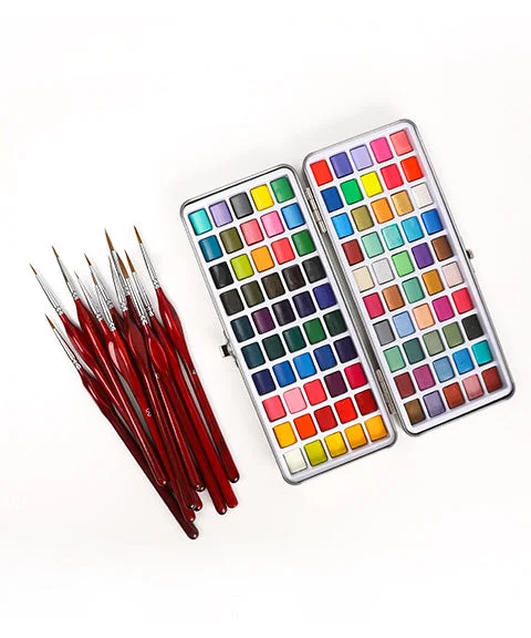 100 Colors Solid Watercolor Paint Set With 11 Pcs Wood Handle Miniature Detail Paint Brush Set-Himinee.com