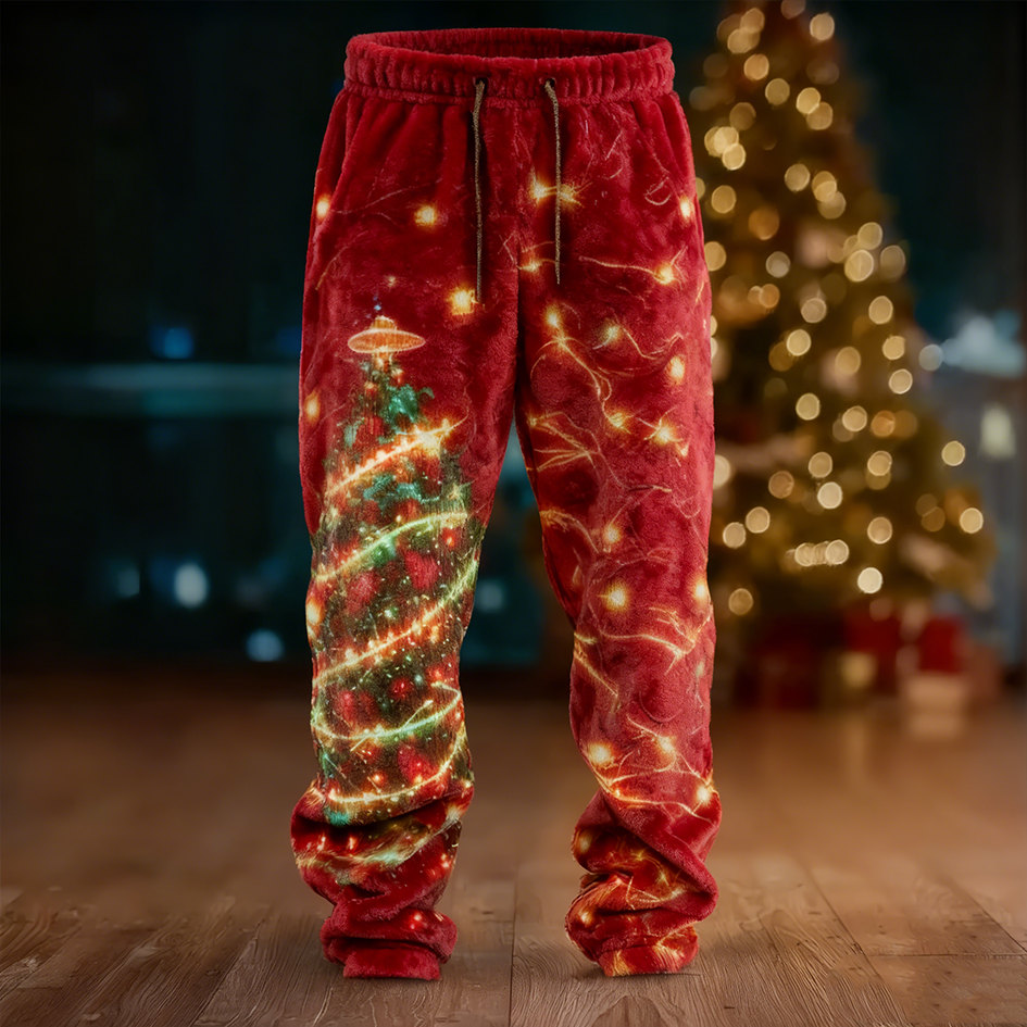 Christmas Retro Lights Design Men's Flannel Long Pants elevenforest