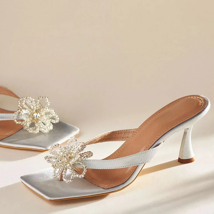 Silver Satin Square Toe Bead Flower Embellishment Flared Kitten Heels |FSJ Shoes