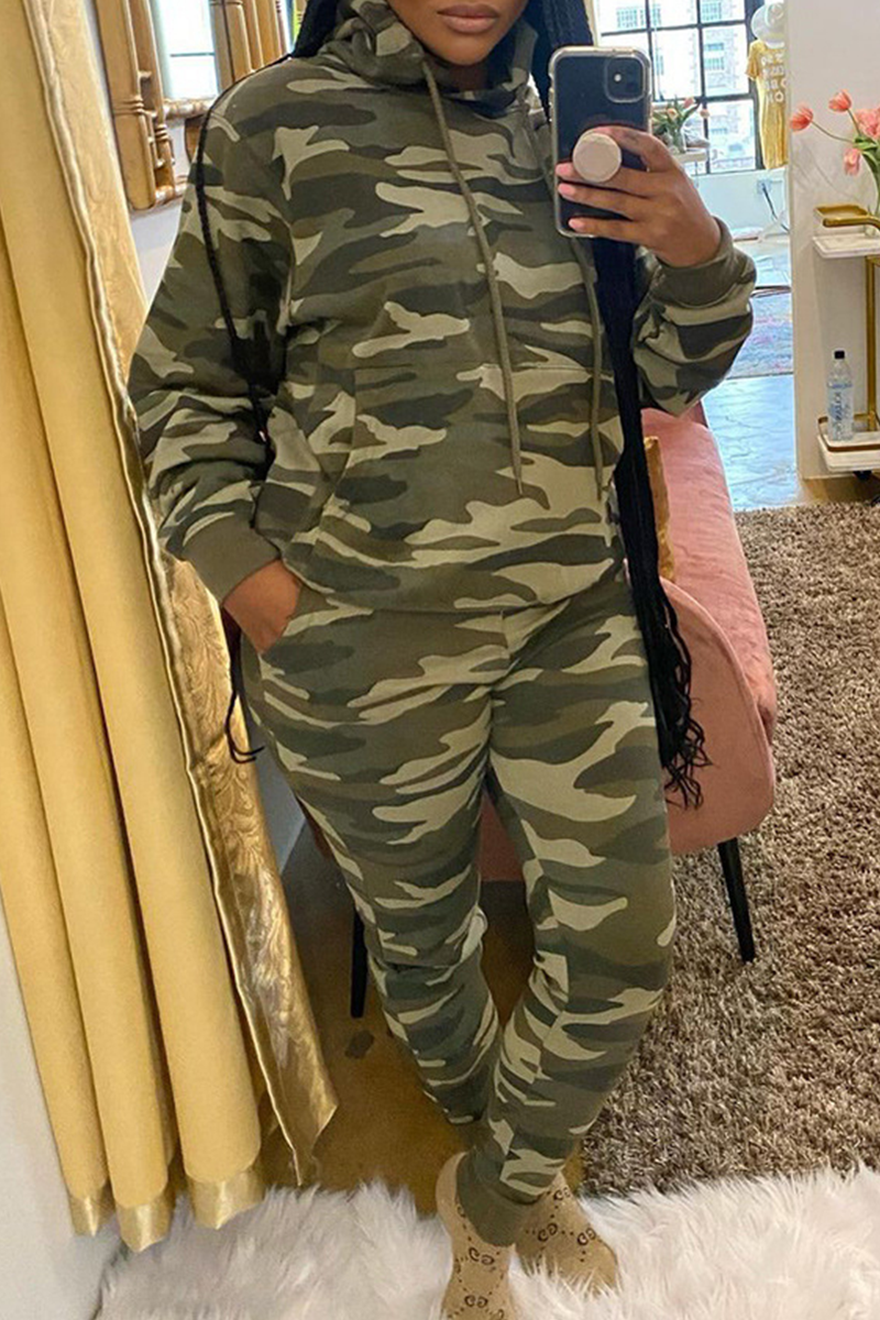 Casual Camouflage Print Split Joint Hooded Collar Long Sleeve Two Pieces