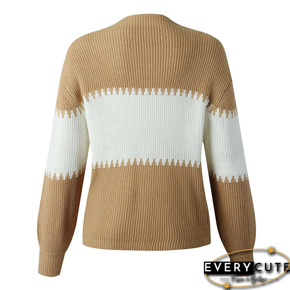Khaki Color Block High Neck Woolen Sweater