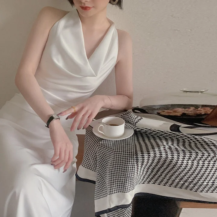 Summer Women Elegant Satin Halter Neck Dress French Style Sleeveless Party Sexy 2021 Female Clothes Vestidos