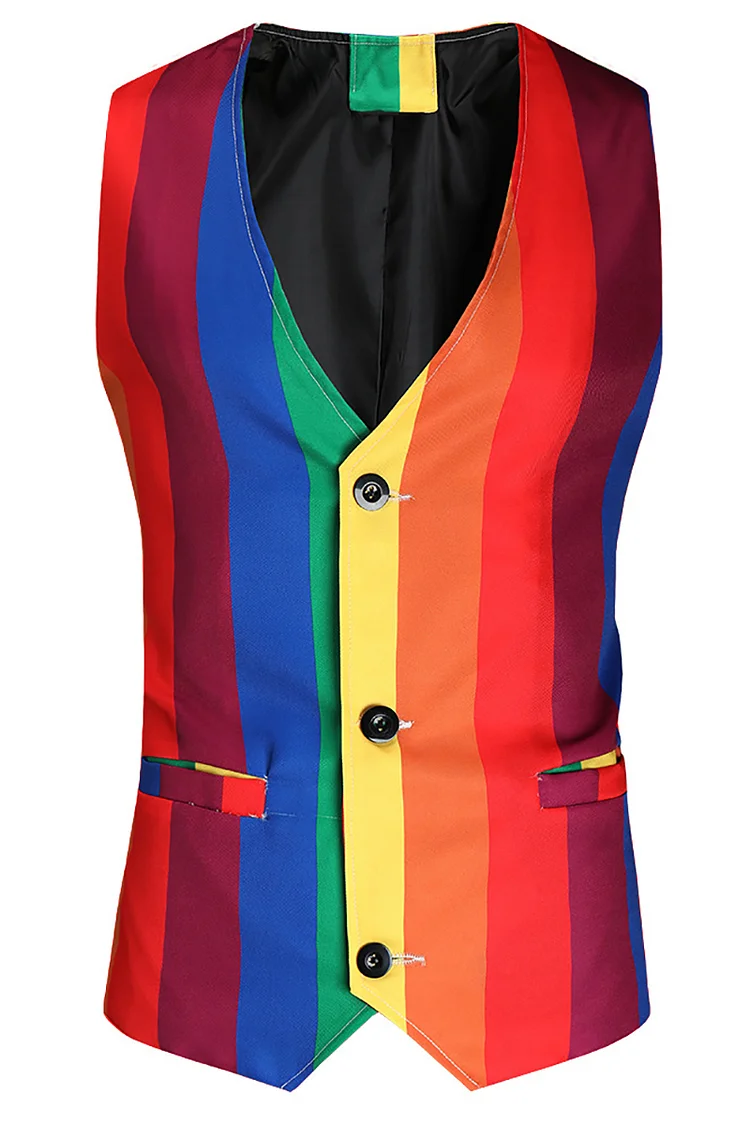 Men's Casual Rainbow Striped Deep V-Neck Slim Vest With Buckle