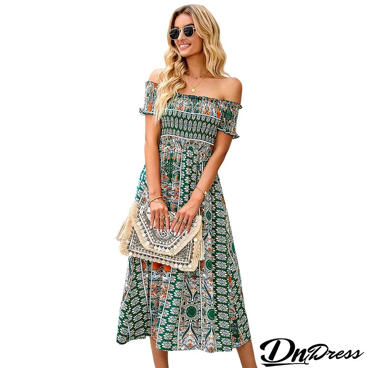 Women Fashion Casual Boho Geometric Printing Off-Shoulder Slit Dress