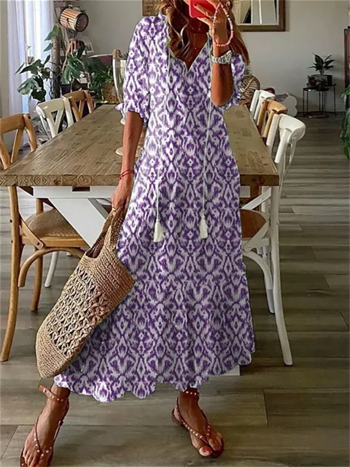 Women's Shift Dress Maxi Dress half Sleeve Floral Print Summer Fall V Neck Casual Geometric Printed Dress