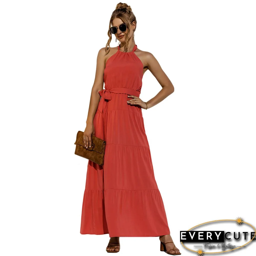 Orange Open Back Tie Waist Halter Maxi Dress