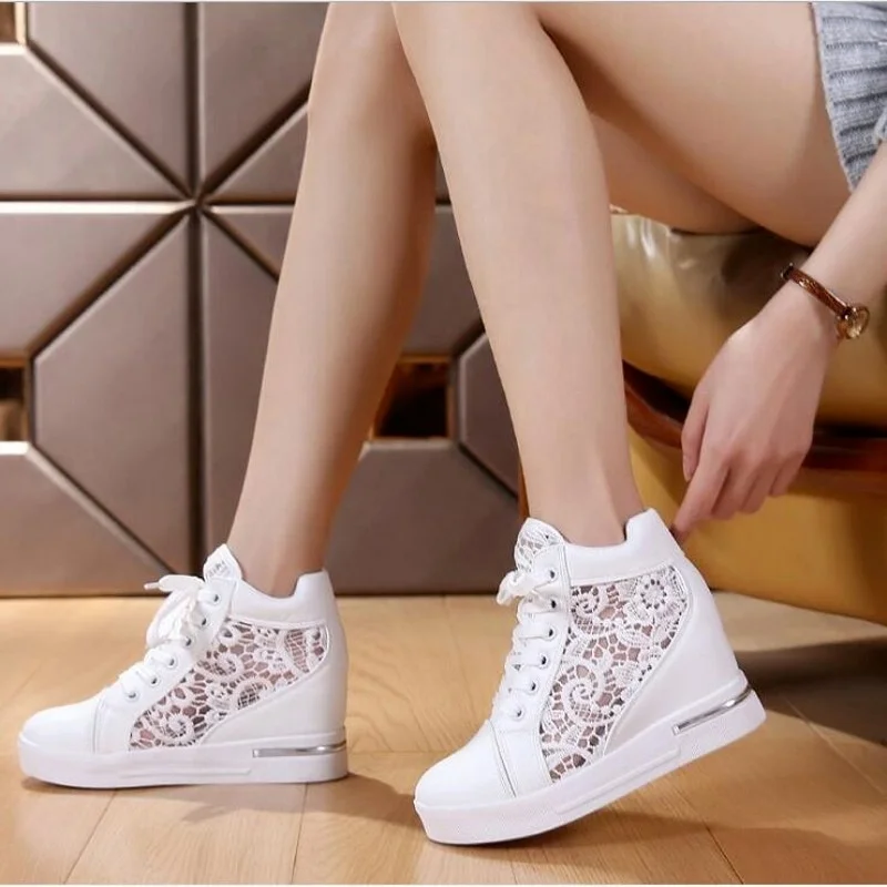 Yyvonne 2022 New Women Wedge Platform Sneakers Rubber Leather High Heels Lace Up Shoes Height Increasing White Thick Bottom 40