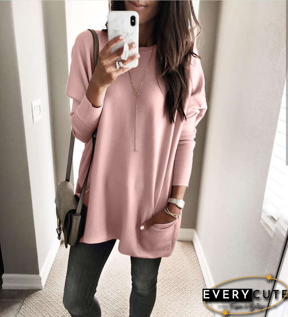 Plus Size Womens Autumn & Winter Casual Top Loose Pocket T-Shirt Long Sleeve Bat Blouse