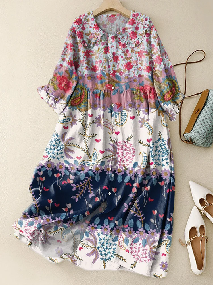 Women‘s Vintage Lovely Floral Pattern Art Print Peter Pan Collar Cotton Dress