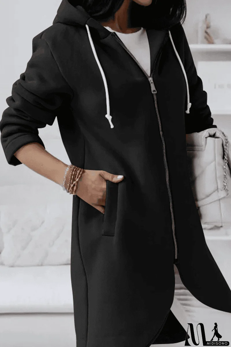 MidiSono - Casual Solid Draw String Zipper Hooded Collar Outerwear(8 Colors)